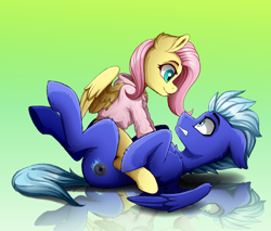 Size: 2000x1700 | Tagged: safe, artist:rainbowfire, fluttershy, oc, oc:sadvard, pegasus, pony, g4, blue eyes, blushing, clothes, confused, cute, duo, duo male and female, female, gradient background, hug, hugs needed, looking at each other, looking at someone, male, mare, open mouth, reflection, sitting on person, sitting on pony, smiling, stallion, wings