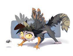 Size: 2880x2208 | Tagged: safe, artist:mithriss, oc, oc only, oc:lychee, griffon, beak, bone, cheek fluff, claws, coughing, eared griffon, griffon oc, passepartout, signature, solo, spread wings, wings