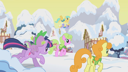 Size: 1280x720 | Tagged: safe, screencap, carrot top, cloud kicker, daisy, flower wishes, golden harvest, spike, sunshower raindrops, twilight sparkle, dragon, pony, unicorn, g4, season 1, winter wrap up, beautiful, butt, cute, horn, mare, ponyville, pretty, snow, unicorn twilight