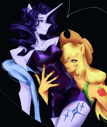 Size: 1761x2093 | Tagged: safe, artist:mallowblack, applejack, rarity, earth pony, unicorn, anthro, g4, clothes, dress, duo, female, holding, horn, lesbian, ship:rarijack, shipping, shoulderless