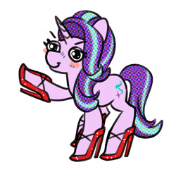 Size: 1679x1637 | Tagged: safe, artist:opalacorn, starlight glimmer, pony, unicorn, g4, blush sticker, blushing, female, high heels, horn, inktober, inktober 2024, looking at you, mare, shoes, simple background, smiling, smiling at you, solo, white background