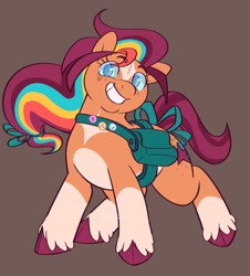 Size: 1675x1856 | Tagged: safe, artist:_shummy_, part of a set, sunny starscout, earth pony, pony, g5, alternate design, alternate eye color, alternate hairstyle, alternate tailstyle, bag, blue eyes, blue sclera, blush lines, blushing, bow, brown background, chest marking, cloven hooves, coat markings, colored belly, colored eyebrows, colored hooves, colored pupils, colored sclera, cyan eyes, eyebrows, eyebrows visible through hair, eyelashes, facial markings, female, fluttershy's cutie mark, freckles, green pupils, grin, hooves, looking at you, mane stripe sunny, mare, multicolored mane, no pupils, pale belly, pink hooves, pins, rainbow dash's cutie mark, simple background, smiling, smiling at you, socks (coat markings), solo, standing, star (coat marking), sunny's bag, tail, tail accessory, tail bow, tied mane, tied tail, twilight sparkle's cutie mark, two toned tail, windswept mane