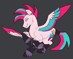 Size: 1958x1573 | Tagged: safe, artist:_shummy_, part of a set, zipp storm, pegasus, pony, g5, alternate design, alternate eye color, alternate hairstyle, alternate tailstyle, bandage, bandaged leg, bandaged tail, black hooves, blue pupils, blue sclera, cloven hooves, coat markings, colored eyebrows, colored hooves, colored pupils, colored sclera, colored wings, colored wingtips, ear piercing, earring, eyebrow piercing, facial hair, feathered wings, female, gray background, green eyes, hooves, jewelry, leg markings, lidded eyes, looking back, mare, mohawk, piercing, profile, raised hoof, raised leg, simple background, smiling, socks (coat markings), solo, spread wings, standing on two hooves, star earring, tail, tail tie, three toned wings, tied tail, two toned wingtips, watermark, wings