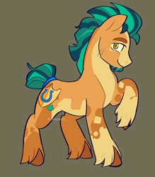 Size: 1978x2260 | Tagged: safe, artist:_shummy_, part of a set, hitch trailblazer, earth pony, pony, g5, alternate design, alternate eye color, alternate hairstyle, alternate tailstyle, blaze (coat marking), brown background, coat markings, colored belly, colored eyebrows, colored hooves, colored pupils, concave belly, eye markings, facial hair, facial markings, hooves, leg markings, looking at you, looking back, male, missing accessory, mohawk, orange hooves, pale belly, profile, raised hoof, simple background, smiling, smiling at you, socks (coat markings), solo, stallion, standing, tail, tail bun, tail tie, three toned mane, three toned tail, tied tail, two toned eyes, unshorn fetlocks, watermark