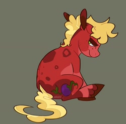 Size: 1633x1615 | Tagged: safe, artist:_shummy_, part of a set, sprout cloverleaf, earth pony, pony, g5, alternate design, alternate hairstyle, alternate tailstyle, bald face, blaze (coat marking), blonde mane, blonde tail, brown hooves, coat markings, colored belly, colored ears, colored eyebrows, colored hooves, curly mane, curly tail, facial markings, freckles, frown, green background, hooves, leg markings, lidded eyes, looking back, male, pale belly, profile, rear view, red hooves, simple background, sitting, socks (coat markings), solo, stallion, tail, thick eyebrows, two toned ears, two toned mane, two toned tail, watermark