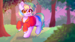 Size: 1284x720 | Tagged: artist needed, source needed, safe, oc, oc only, pony, unicorn, bush, clothes, cute, female, forest, forest background, full body, grass, hoodie, horn, looking at you, nature, outdoors, rainbow, solo, sunset, tree, walking