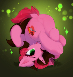 Size: 3267x3443 | Tagged: safe, artist:empress-twilight, oc, oc only, oc:heartsong, pony, unicorn, :p, blushing, butt, chest fluff, commission, dock, ear fluff, featureless crotch, female, horn, leg fluff, mare, one eye closed, plot, solo, sparkles, tail, tongue out, underhoof, unicorn oc, upside down, ych result