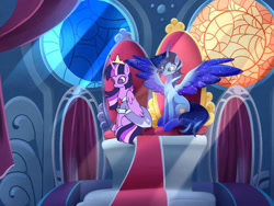 Size: 1024x768 | Tagged: source needed, safe, artist:hanief, twilight sparkle, oc, oc:blue thunder, alicorn, pony, g4, canon x oc, canterlot castle, duo, duo male and female, female, folded wings, indoors, king, male, queen, ruler, ship:thundersparkle, shipping, spread wings, straight, twilight sparkle (alicorn), twilight's castle, wings