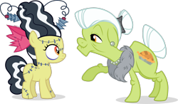 Size: 2088x1223 | Tagged: safe, artist:cirillaq, apple bloom, granny smith, earth pony, pony, g4, bride of frankenstein, clothes, costume, duo, duo female, female, filly, foal, frankenbloom, frankenstein, mare, nightmare night costume, simple background, transparent background, vector