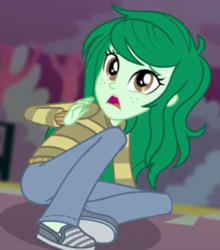 Size: 745x848 | Tagged: safe, screencap, wallflower blush, human, equestria girls, equestria girls specials, g4, my little pony equestria girls: forgotten friendship, antagonist, brown eyes, brown sweater, clothes, cropped, defeat, defeated, frightened, green hair, green skin, guilty, oh no, open mouth, outdoors, scared, solo, sweater, terrified, uh oh, villainess