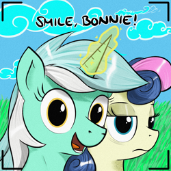 Size: 1512x1512 | Tagged: safe, artist:eels, bon bon, lyra heartstrings, sweetie drops, earth pony, pony, unicorn, g4, adorabon, bon bon is not amused, camera shot, cute, duo, duo female, female, horn, lyrabetes, magic, outdoors, smiling, telekinesis, unamused