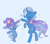 Size: 1981x1726 | Tagged: safe, artist:cranialgrind, trixie, pony, unicorn, g4, bipedal, blue background, blue blush, blush lines, blushing, cape, clothes, colored, confetti, cute, daaaaaaaaaaaw, diatrixes, duality, duo, duo female, eyes closed, female, filly, filly trixie, flat colors, hat, horn, mare, no catchlights, open mouth, open smile, profile, raised arm, raised hoof, self paradox, self ponidox, simple background, smiling, trixie's cape, trixie's hat, trixtrix, weapons-grade cute, white background, white pupils, younger