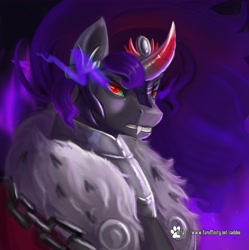 Size: 4072x4096 | Tagged: safe, artist:caddea, king sombra, pony, unicorn, g4, black mane, chains, clothes, coat, colored horn, crown, curved horn, digital art, fangs, flowing mane, horn, jewelry, looking at you, male, peytral, red eyes, regalia, solo, sombra eyes, sombra horn, stallion