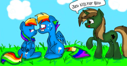 Size: 1024x536 | Tagged: oc name needed, safe, artist:artistcoolpony, rainbow dash, oc, pegasus, pony, unicorn, g4, blushing, ears back, female, half r63 shipping, horn, looking away, male, mare, outdoors, rainbow blitz, rule 63, self paradox, selfcest, ship:dashblitz, ship:dashdash, shipper on deck, shipping, stallion, straight, sweat