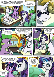 Size: 1204x1700 | Tagged: safe, artist:tarkron, rarity, spike, twilight sparkle, oc, oc:cosmo cool, alicorn, dragon, pony, unicorn, comic:the royal sandal, g4, coffee, coffee cup, comic, cup, food, glowing, glowing horn, horn, open mouth, sitting, speech bubble, sugar (food), sunglasses, train, twilight sparkle (alicorn)