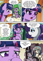 Size: 1204x1700 | Tagged: safe, artist:tarkron, princess celestia, rarity, spike, twilight sparkle, alicorn, dragon, pony, unicorn, comic:the royal sandal, g4, comic, flashback, horn, speech bubble, thinking, train, twilight sparkle (alicorn)