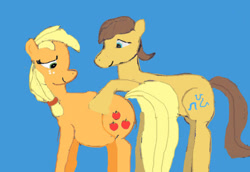 Size: 604x416 | Tagged: safe, artist:firekitty8, applejack, caramel, earth pony, pony, g4, blue background, crappy art, female, happy, male, preggo jack, pregnant, ship:carajack, shipping, simple background, smiling, straight