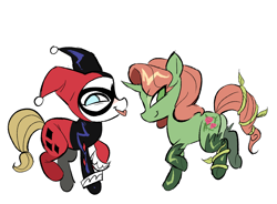 Size: 1912x1404 | Tagged: safe, artist:cranialgrind, earth pony, pony, unicorn, dc comics, duo, female, harley quinn, horn, mare, plant, poison ivy, ponified, simple background, superhero, white background