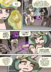 Size: 1204x1700 | Tagged: safe, artist:tarkron, princess celestia, twilight sparkle, alicorn, pony, comic:the royal sandal, comic, eyes closed, flashback, glowing, glowing horn, hoof shoes, horn, open mouth, speech bubble, twilight sparkle (alicorn)