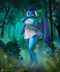 Size: 1666x2000 | Tagged: safe, alternate version, artist:caddea, princess ember, dragon, anthro, breasts, cleavage, clothes, dragoness, dress, female, forest, lizard breasts, nature, solo, tree