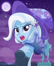 Size: 1500x1826 | Tagged: safe, artist:steyrrdash, derpibooru exclusive, trixie, human, equestria girls, g4, angry, annoying, armpits, bare shoulders, breasts, busty trixie, canterlot high, clothes, costume, curvy, female, gloves, halloween, halloween costume, hand, hat, holiday, long gloves, long hair, magic, magic hands, moon, night, open mouth, sleeveless, small breasts, solo, star hairpin, statue, strapless, teenager, teeth, white hair, witch, witch costume, witch hat, wondercolt statue, yelling