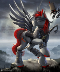 Size: 1666x2000 | Tagged: safe, artist:caddea, oc, oc only, pegasus, pony, robot, amputee, armor, artificial wings, augmented, blindfold, commission, ear piercing, earring, jewelry, male, nier: automata, piercing, prosthetic limb, prosthetic wing, prosthetics, solo, spread wings, stallion, wings