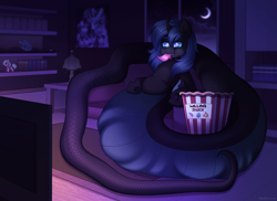 Size: 2800x2041 | Tagged: safe, artist:madelinne, oc, oc only, oc:buzzie, changeling, changeling lamia, lamia, original species, belly, couch, fangs, food, moon, night, plushie, popcorn, room, tail, television, vore, watching tv