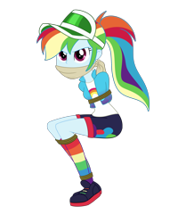 Size: 2000x2504 | Tagged: safe, artist:nie-martw-sie-o-mnie, rainbow dash, equestria girls, festival filters, g4, my little pony equestria girls: better together, bondage, bound and gagged, cloth gag, clothes, dashsub, female, femsub, gag, looking at you, music festival outfit, rainbow socks, rope, rope bondage, simple background, sitting, socks, solo, striped socks, submissive, transparent background