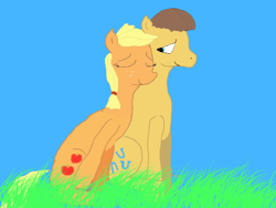 Size: 640x480 | Tagged: safe, artist:firekitty8, applejack, caramel, earth pony, pony, g4, duo, duo male and female, female, grass, male, nuzzling, outdoors, ship:carajack, shipping, stallion, straight