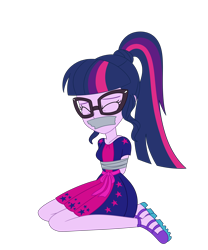 Size: 2500x3000 | Tagged: safe, artist:nie-martw-sie-o-mnie, sci-twi, twilight sparkle, human, equestria girls, equestria girls specials, g4, my little pony equestria girls: spring breakdown, bondage, cruise outfit, eyes closed, female, femsub, gag, glasses, kneeling, simple background, solo, submissive, tape, tape bondage, tape gag, transparent background, twisub