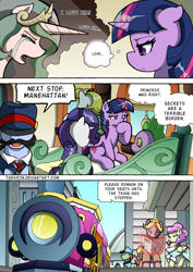 Size: 1204x1700 | Tagged: safe, artist:tarkron, all aboard, rarity, spike, twilight sparkle, alicorn, dragon, pony, unicorn, comic:the royal sandal, g4, comic, flashback, glowing, glowing horn, horn, newspaper, speech bubble, train, train station, twilight sparkle (alicorn)