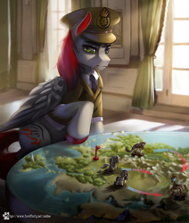 Size: 1694x2000 | Tagged: safe, artist:caddea, oc, oc only, alicorn, changeling, griffon, pegasus, pony, amputee, artificial wings, augmented, cap, clothes, commission, hat, male, map, military uniform, prosthetic limb, prosthetic wing, prosthetics, solo, stallion, uniform, war, wings