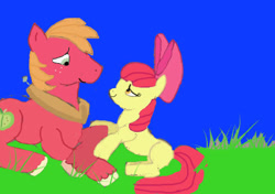 Size: 502x354 | Tagged: safe, artist:firekitty8, apple bloom, big macintosh, earth pony, pony, g4, big macintosh's yoke, brother and sister, crappy art, duo, female, filly, foal, grass, horse collar, male, not incest, not shipping, outdoors, sibling love, siblings, smiling, stallion