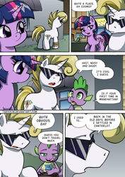 Size: 1204x1700 | Tagged: safe, artist:tarkron, spike, twilight sparkle, oc, oc:cosmo cool, alicorn, dragon, pony, unicorn, comic:the royal sandal, g4, comic, horn, open mouth, speech bubble, tongue out, twilight sparkle (alicorn)