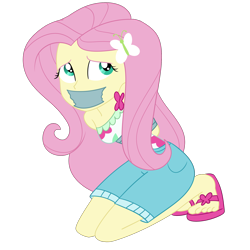 Size: 2000x2000 | Tagged: safe, artist:nie-martw-sie-o-mnie, fluttershy, human, equestria girls, equestria girls specials, g4, my little pony equestria girls: spring breakdown, arm behind back, bondage, bound and gagged, butterfly hairpin, clothes, cruise outfit, female, femsub, fluttersub, gag, kneeling, sandals, shorts, simple background, solo, submissive, tape, tape bondage, tape gag, transparent background