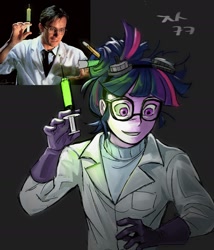 Size: 1304x1526 | Tagged: safe, artist:cranialgrind, sci-twi, twilight sparkle, human, equestria girls, g4, bangs, clothes, glasses, gloves, goggles, goggles on head, hair accessory, hair bun, half body, herbert west, holding, irl, irl human, lab coat, latex, latex gloves, looking down, mad science, male, messy hair, pencil in hair, photo, pony coloring, ponytail, re-animator, reanimator, reference used, smiling, solo, syringe, the reanimator, tied hair, turtleneck