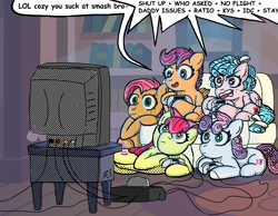 Size: 1009x785 | Tagged: safe, artist:leohardo, apple bloom, babs seed, cozy glow, scootaloo, sweetie belle, earth pony, pegasus, pony, unicorn, g4, :|, angry, c:, cutie mark crusaders, d:<, dialogue, female, filly, foal, gaming, group, halftone effect, horn, indoors, kys, nintendo 64, quintet, ratio, scootaloo can't fly, shut up, smiling, speech bubble, super smash bros., television, video game console, yelling