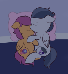 Size: 857x933 | Tagged: source needed, safe, artist:preggyponies-4u, rumble, scootaloo, pegasus, pony, g4, alternate cutie mark, bed, bedsheets, colt, commission, duo, female, filly, foal, male, on bed, pillow, pregnant, pregnant foal, pregnant scootaloo, ship:rumbloo, shipping, sleeping, straight