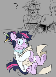 Size: 1547x2130 | Tagged: safe, artist:cranialgrind, sci-twi, twilight sparkle, human, pony, unicorn, g4, adorkable, clothes, colored eyebrows, cute, decapitated, dork, dot eyes, equestria girls ponified, female, flask, glasses, goggles, goggles on head, gray background, hair accessory, hair bun, head, holding, horn, humanized, lab coat, looking at something, mad science, mane accessory, mare, messy mane, messy tail, nervous, nervous smile, paper, pencil in hair, ponified, question mark, round glasses, simple background, sitting, smiling, smiling at something, solo, sweat, syringe, tail, tied mane, turtleneck, unicorn twilight, wavy mouth