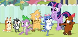 Size: 3445x1636 | Tagged: safe, artist:porygon2z, spike, twilight sparkle, beaver, dog, dragon, pony, raccoon, unicorn, g4, angry beavers, australian cattle dog, bingo heeler, bluey, bow, crossed arms, crossover, daggett doofus beaver, dancing, disney, eyes closed, female, fence, giggling, grin, hair bow, horn, laughing, lowres, male, mare, norbert foster beaver, open mouth, open smile, outdoors, pb&j otter, pinch raccoon, scootch raccoon, smiling, unicorn twilight, wingless spike