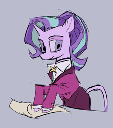 Size: 1364x1544 | Tagged: safe, artist:cranialgrind, starlight glimmer, pony, unicorn, g4, big eyes, bipedal, brooch, clothes, collared shirt, colored, female, flat colors, gray background, headmare starlight, hooves on the table, horn, jewelry, leonine tail, looking away, mare, no catchlights, older, older starlight glimmer, paper, ponytail, shirt, simple background, skirt, smiling, solo, suit, tail, three quarter view, three toned mane, tied mane, unicorn horn, white coat