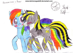 Size: 900x654 | Tagged: safe, artist:darkrenegade92, rainbow dash, oc, oc:raiden, pegasus, pony, unicorn, g4, blushing, canon x oc, donut steel, female, horn, male, mare, pencil drawing, pony oc, simple background, smiling, stallion, straight, striped mane, traditional art, unicorn oc, unshorn fetlocks, walking, white background