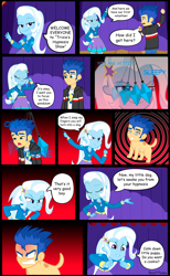 Size: 1883x3066 | Tagged: safe, artist:paco777yuyu, flash sentry, trixie, dog, human, equestria girls, g4, angry, clothes, duo, duo male and female, female, great and powerful, hoodie, human head, hypnosis, hypnotist, hypnotized, male, pendulum, pendulum swing, shirt, skirt, stage, swirly eyes