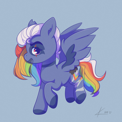 Size: 2048x2048 | Tagged: safe, artist:kuroartss, rainbow dash, pegasus, pony, g4, blue background, eye scar, facial scar, female, heart, heart eyes, high res, mare, open mouth, redesign, scar, simple background, solo, spread wings, tail, wingding eyes, wings