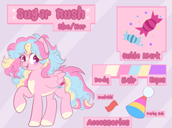 Size: 2732x2048 | Tagged: safe, artist:kuroartss, oc, oc only, oc:sugar rush, pegasus, pony, candy, confetti, female, food, hat, heart, heart eyes, high res, looking at you, mare, open mouth, open smile, party hat, pegasus oc, raised hoof, raised leg, reference sheet, smiling, smiling at you, solo, sparkles, tail, wingding eyes