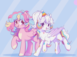 Size: 2732x2048 | Tagged: safe, artist:kuroartss, oc, oc only, oc:confetti cupcake, oc:sugar rush, bat pony, pegasus, pony, bat pony oc, bat wings, blush sticker, blushing, duo, duo female, ear fluff, ear tufts, fangs, female, folded wings, hat, heart, heart eyes, high res, looking at you, mare, open mouth, open smile, party hat, pegasus oc, raised hoof, raised leg, smiling, smiling at you, standing on two hooves, tail, wingding eyes, wings