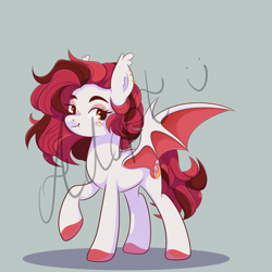 Size: 2048x2048 | Tagged: safe, artist:kuroartss, oc, oc only, bat pony, pony, adoptable, bat pony oc, bat wings, blush sticker, blushing, ear fluff, ear tufts, fangs, heart, heart eyes, raised hoof, smiling, solo, spread wings, tail, wingding eyes, wings