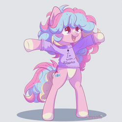 Size: 2048x2048 | Tagged: safe, artist:kuroartss, oc, oc only, oc:sugar rush, pegasus, pony, arms wide open, bipedal, blaze (coat marking), clothes, coat markings, facial markings, female, gray background, heart, heart eyes, high res, i'm with stupid, mare, open mouth, open smile, pale belly, pegasus oc, pink coat, simple background, smiling, socks (coat markings), solo, sprinkles in mane, standing, sweater, tail, three toned mane, three toned tail, wingding eyes