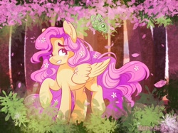 Size: 2732x2048 | Tagged: safe, artist:kuroartss, fluttershy, butterfly, pegasus, pony, g4, blush lines, blush sticker, blushing, ear fluff, female, flower, flower in hair, flower in tail, forest, heart, heart eyes, long mane, long tail, mare, nature, outdoors, ponytober, ponytober 2024, raised hoof, raised leg, smiling, solo, standing on two hooves, tail, tree, wingding eyes, wings