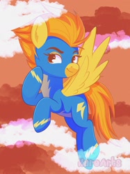 Size: 2048x2732 | Tagged: safe, artist:kuroartss, spitfire, pegasus, pony, g4, clothes, cloud, female, flying, heart, heart eyes, mare, outdoors, ponytober, ponytober 2024, sky, smiling, solo, spread wings, uniform, wingding eyes, wings, wonderbolts uniform